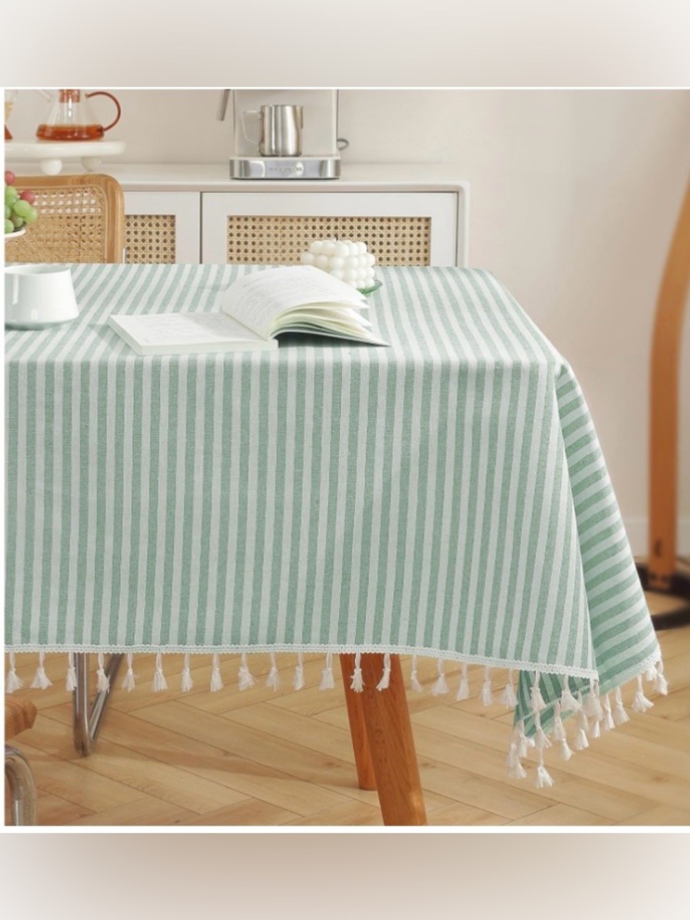 Farmhouse Striped Tablecloth with Tassel Trim Cotton Blend SQUARE 36x36” GREEN